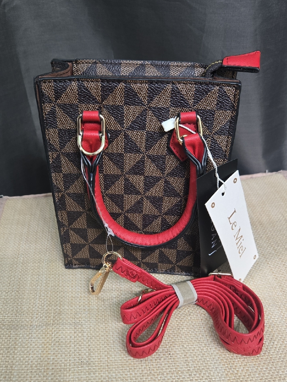 Red Handle Geometric Mini Tote Bag